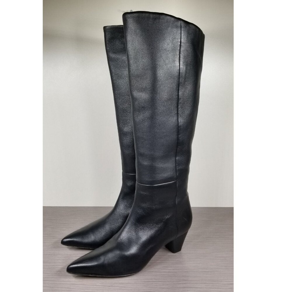 Vince Knee High Kitten Heel Boots, Black Leather, Womens Size 6.5 US / 36.5
